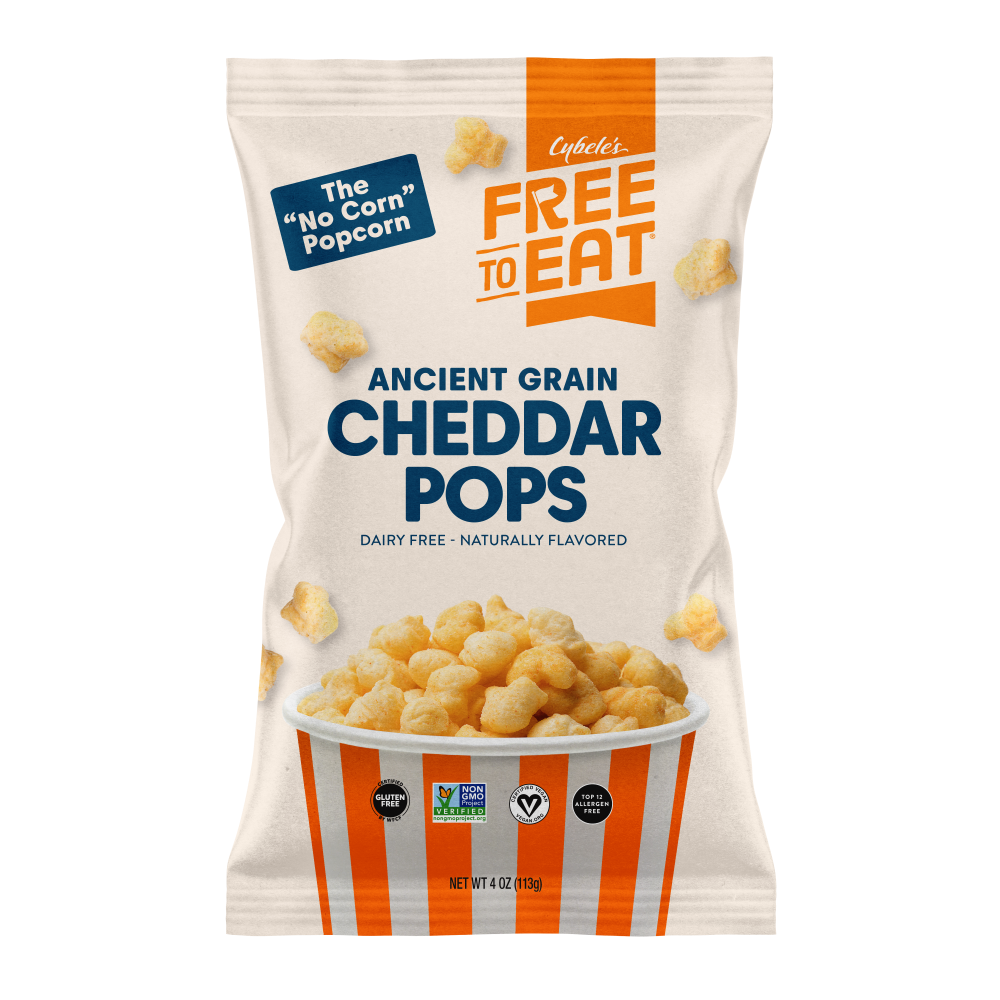 Front of Ancient Grain Cheddar Pops Bag