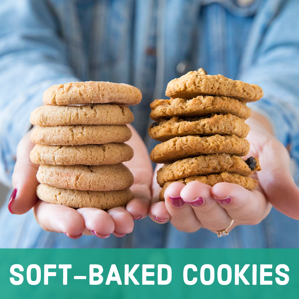 Stack of Oatmeal Raisen and Snickerdoodle Cookies on models hands with Soft Baked Cookies Headline at bottom