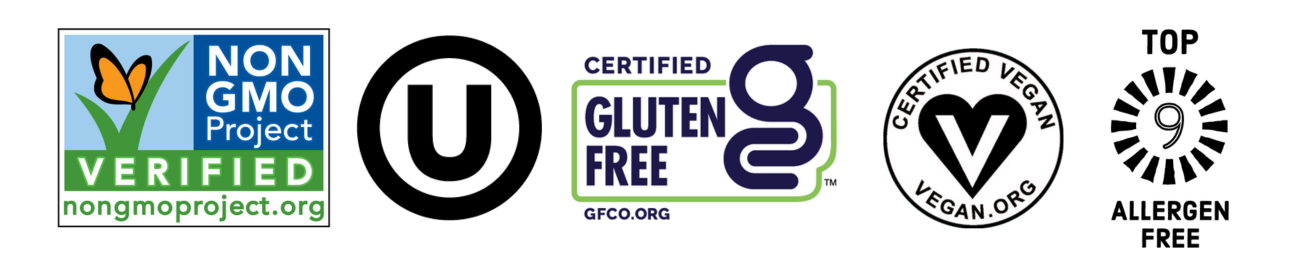 List of Logos - Non GMO, Kosher Symbol, Certified Gluten Free, Certified Vegan and Top 9 Allergen Free