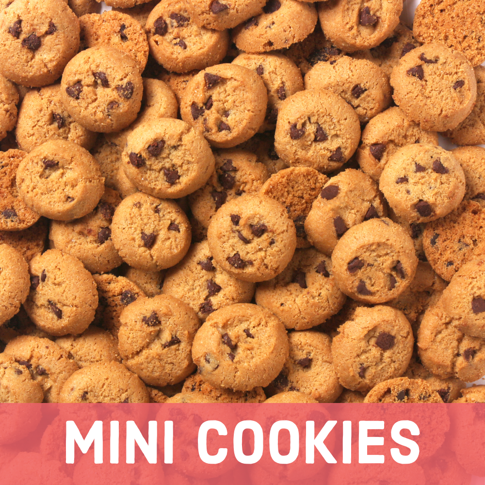 stacked pile background of chocolate chip Mini crunch cookies with Mini Cookies Headline
