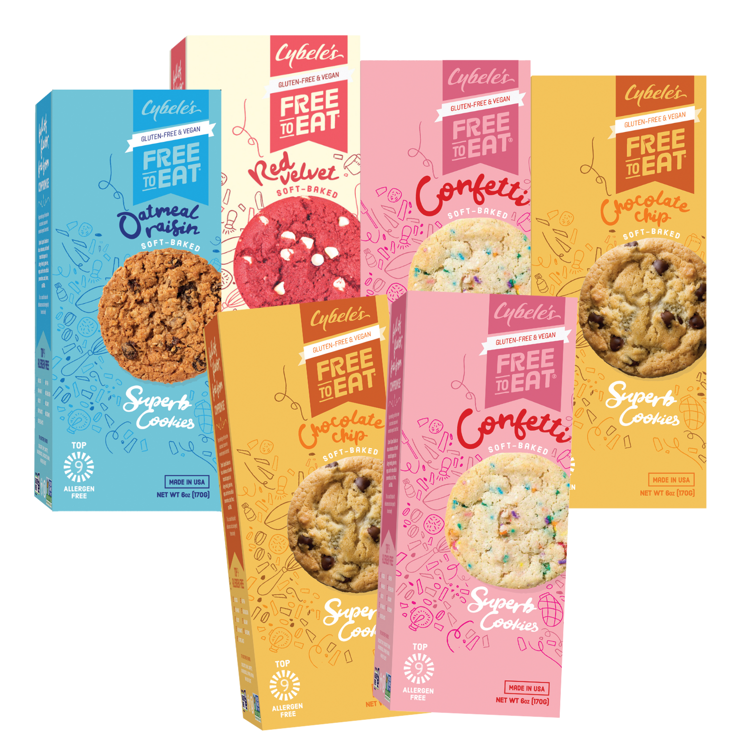 6 boxes in Variety Pack of Soft Baked Cookies including oatmeal raisin, chocolate cihp, confetti, and red velvet