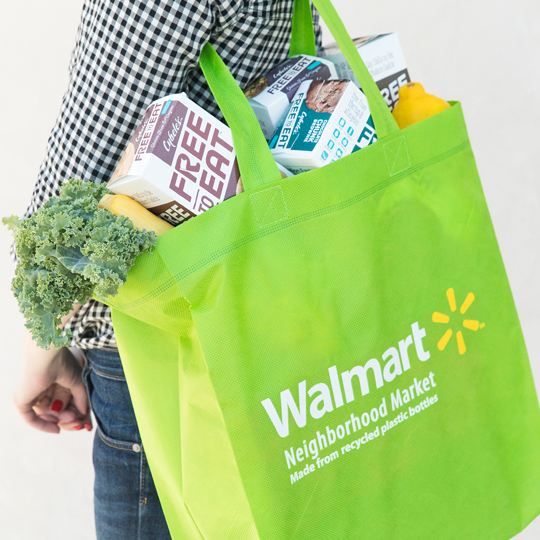 green Walmart Grocery tote bag full of vegetables and Cybeles Free to Eat cookie cartons