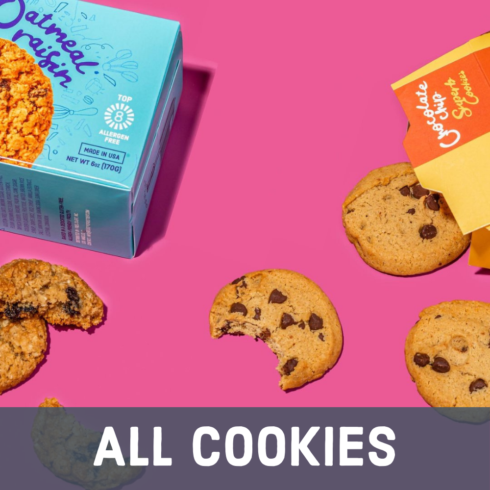 Oatmeal Raisin Box and Chocolate Chip Cookies box with cookies spilling out on pink background. All Cookies Headline at bottom