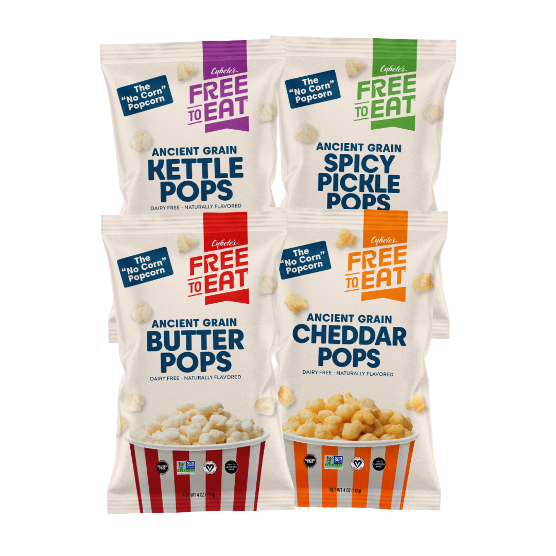 1 bag each of Ancient Grain Pops Kettle, Button, Spicy Pickle and Cheddar flavors